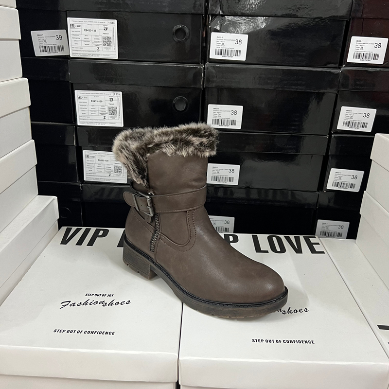 外贸原单皮带扣粗跟短靴女冬季毛毛保暖雪地靴搭扣拉链