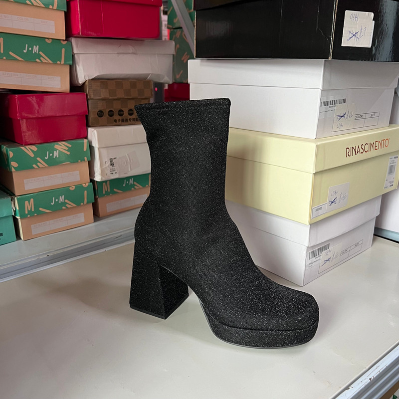 欧美风复古黑色圆头粗高跟亮片侧拉链女冬季瘦瘦增高时装靴,女鞋,时装靴,淘宝优惠券,粉丝福利购,淘宝优惠卷