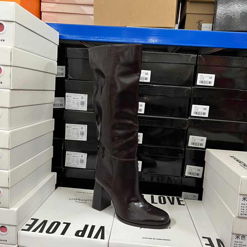 西班牙轻奢ZA原单欧美复古圆头粗高跟套脚不过膝高筒长靴