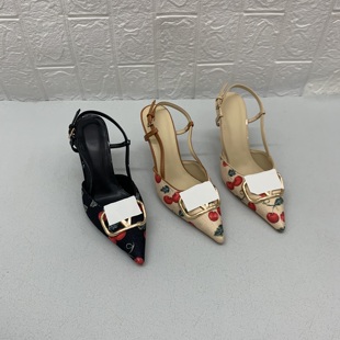 复古出众~外贸出口大码原单女鞋尖头V扣印花气质细高跟包头凉鞋