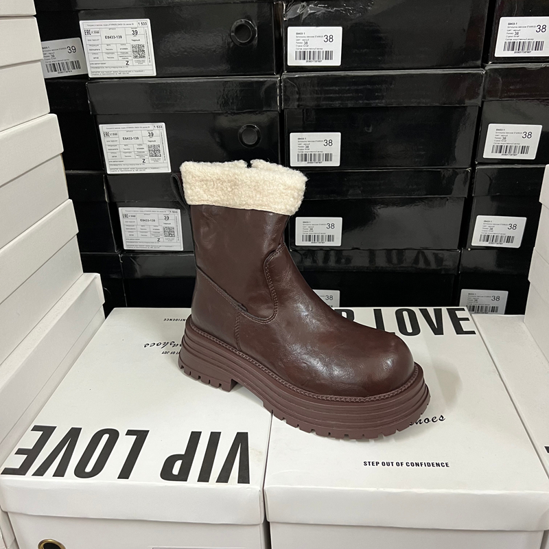 外贸出口原单时尚女鞋圆头厚底中筒靴侧拉链加绒马丁靴