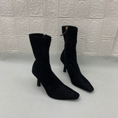 Z出口日本瘦瘦靴春节单靴 黑色方头高跟弹力靴女显瘦瘦瘦靴短靴