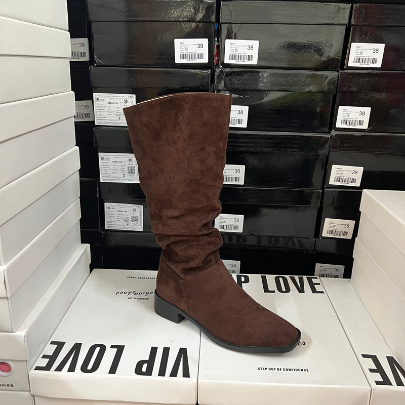 断码折扣捡漏棕色方头堆堆靴女冬季低跟长靴大筒围靴子