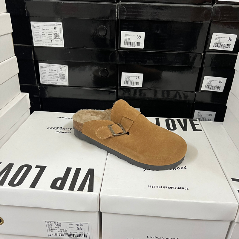 大码博肯拖冬季休闲加绒圆头皮带扣一脚蹬懒人半拖鞋舒适软木底