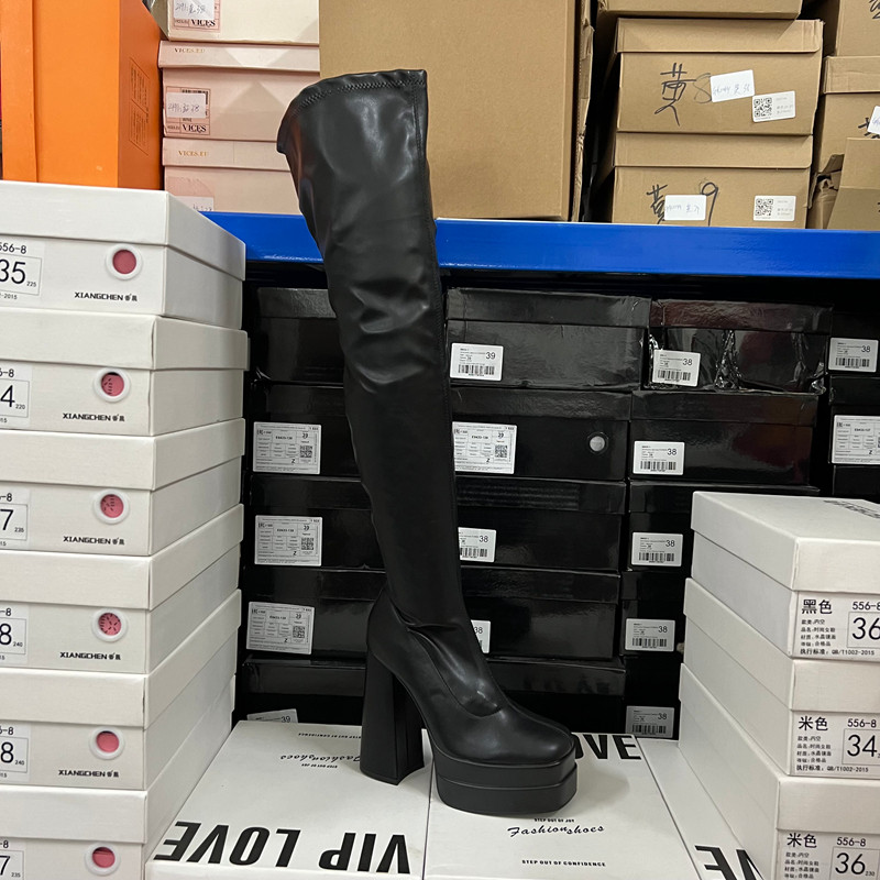 欧美风黑色方头粗跟过膝长靴女防水台厚底瘦瘦靴显瘦,女鞋,时装靴,淘宝优惠券,粉丝福利购,淘宝优惠卷