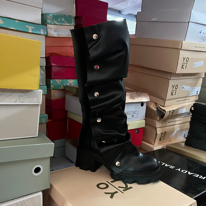 黑色外贸原单出口断码捡漏女靴圆头厚底金属扣高筒长靴,女鞋,时装靴,淘宝优惠券,粉丝福利购,淘宝优惠卷