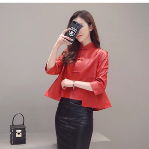 新款2025海宁春季真皮皮衣短款外套中国风唐装复古修身修闲时尚潮