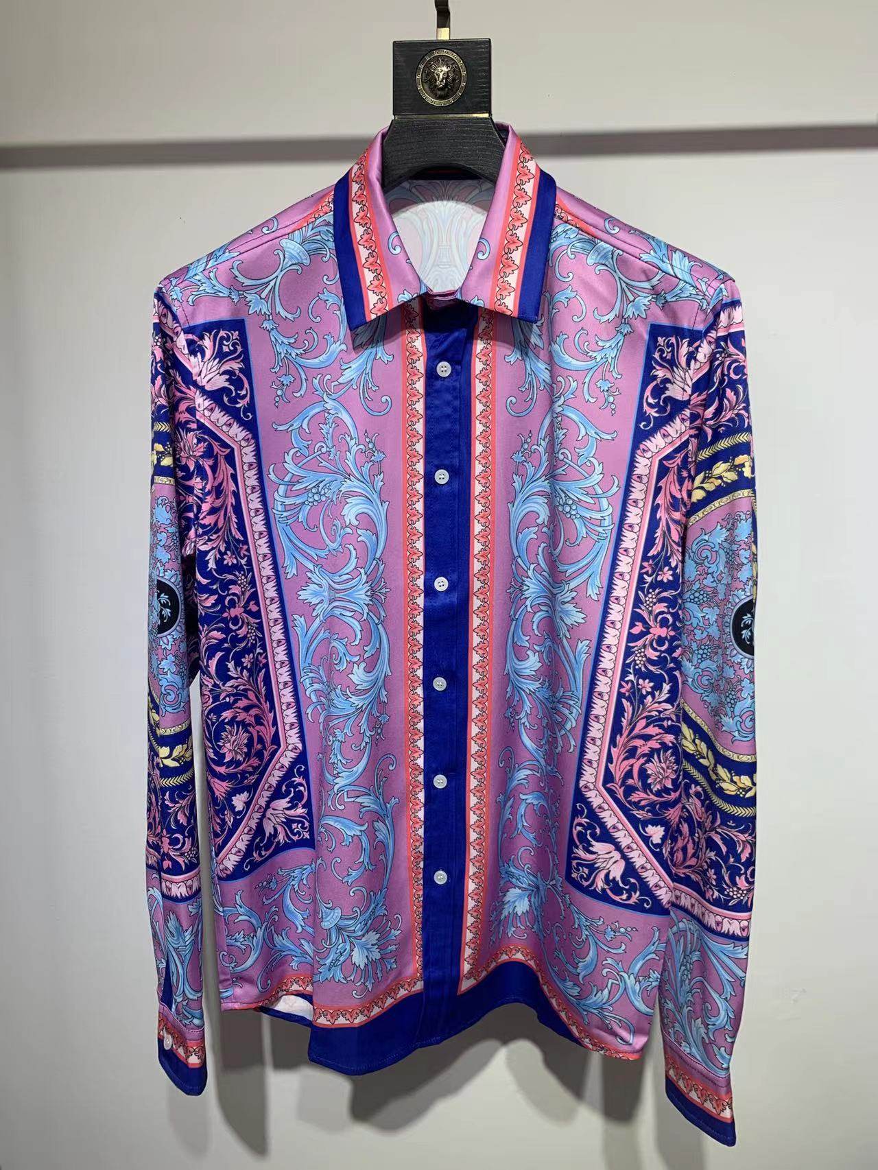 欧美青春大码时尚休闲男士欧版修身印花潮流巴洛克长袖花色衬衫男