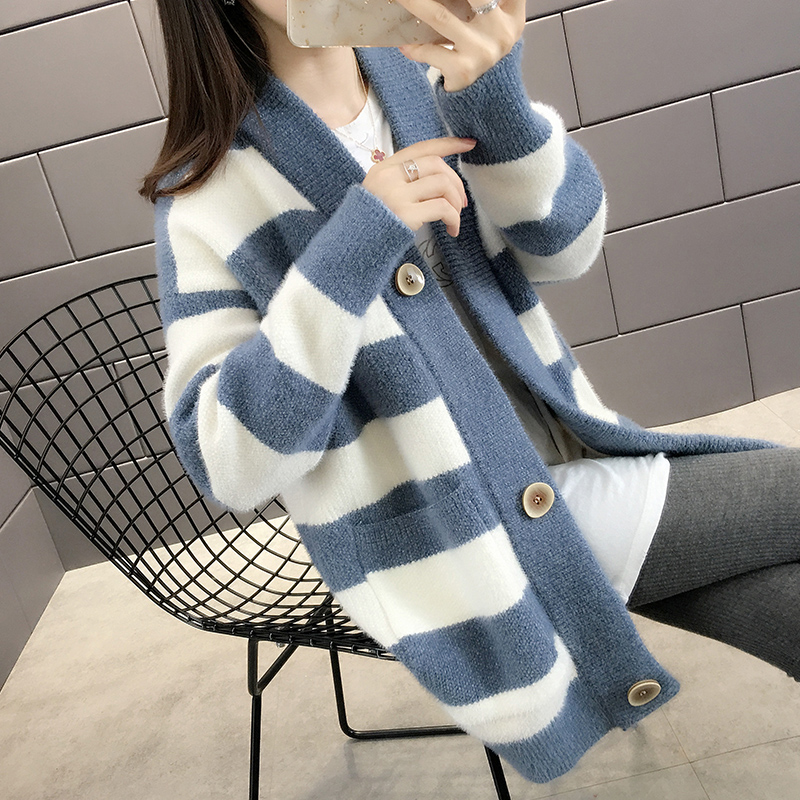 3水貂绒女开衫春秋装2021新款中长款外搭针织毛衣外套女士秋冬爆款