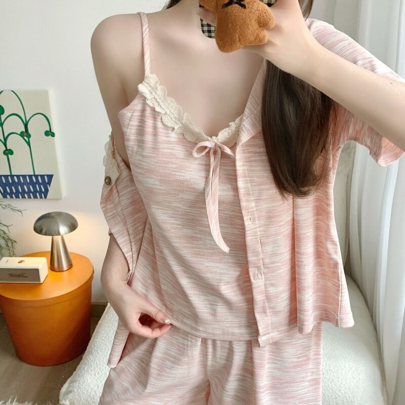 彩棉吊带睡衣女三件套带胸垫夏季短袖外套短裤可外穿家居服套装