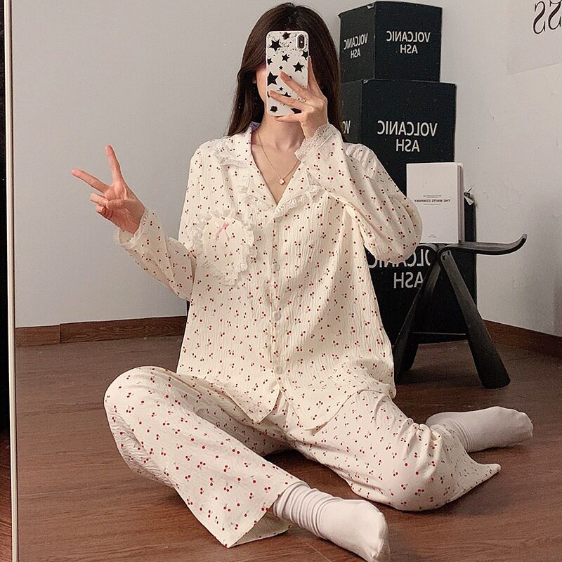 韩版甜美碎花云朵棉睡衣女春秋开衫长袖长裤可爱公主风家居服套装