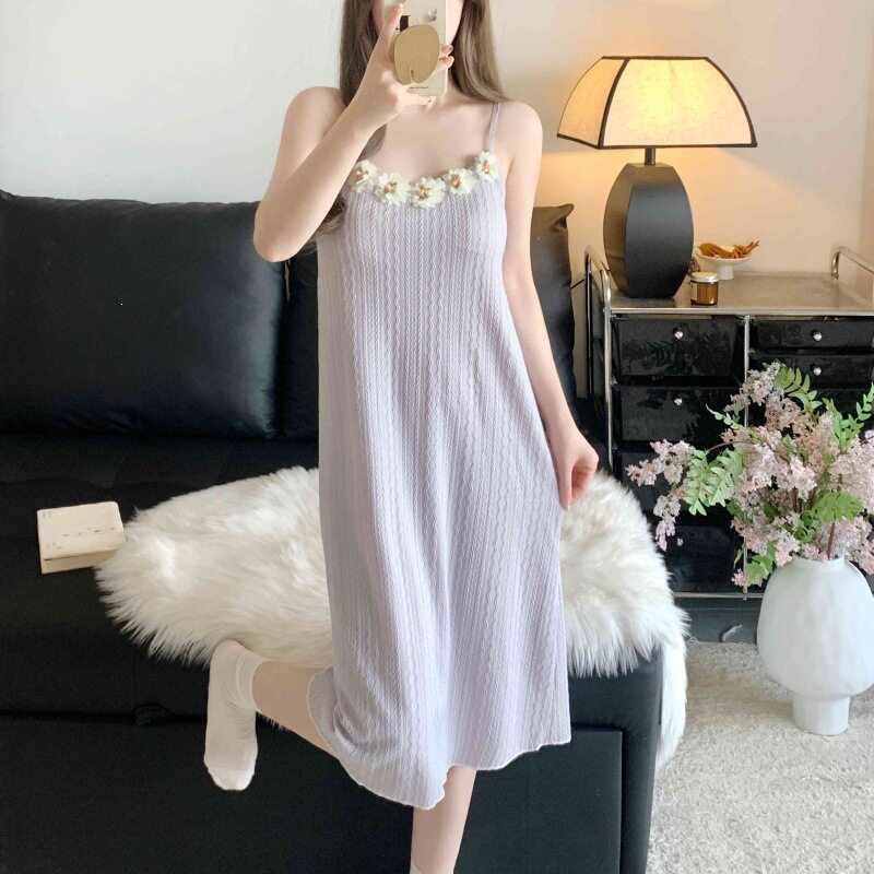 甜美花卉棉质吊带睡裙女带胸垫夏季舒适小清新中长款可外穿家居服