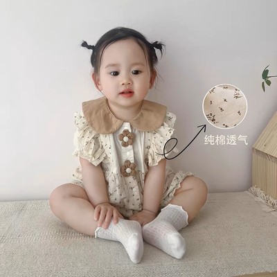 婴幼儿夏季纯棉舒适连体哈衣女宝宝薄款韩版小碎花翻领外出爬爬服