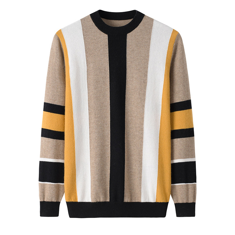 DONGPU 남자 캐시미어 스웨터 가을 겨울 새로운 순수 캐시미어 라운드 넥 대비 색 스트라이프 니트 스웨터 풀오버
