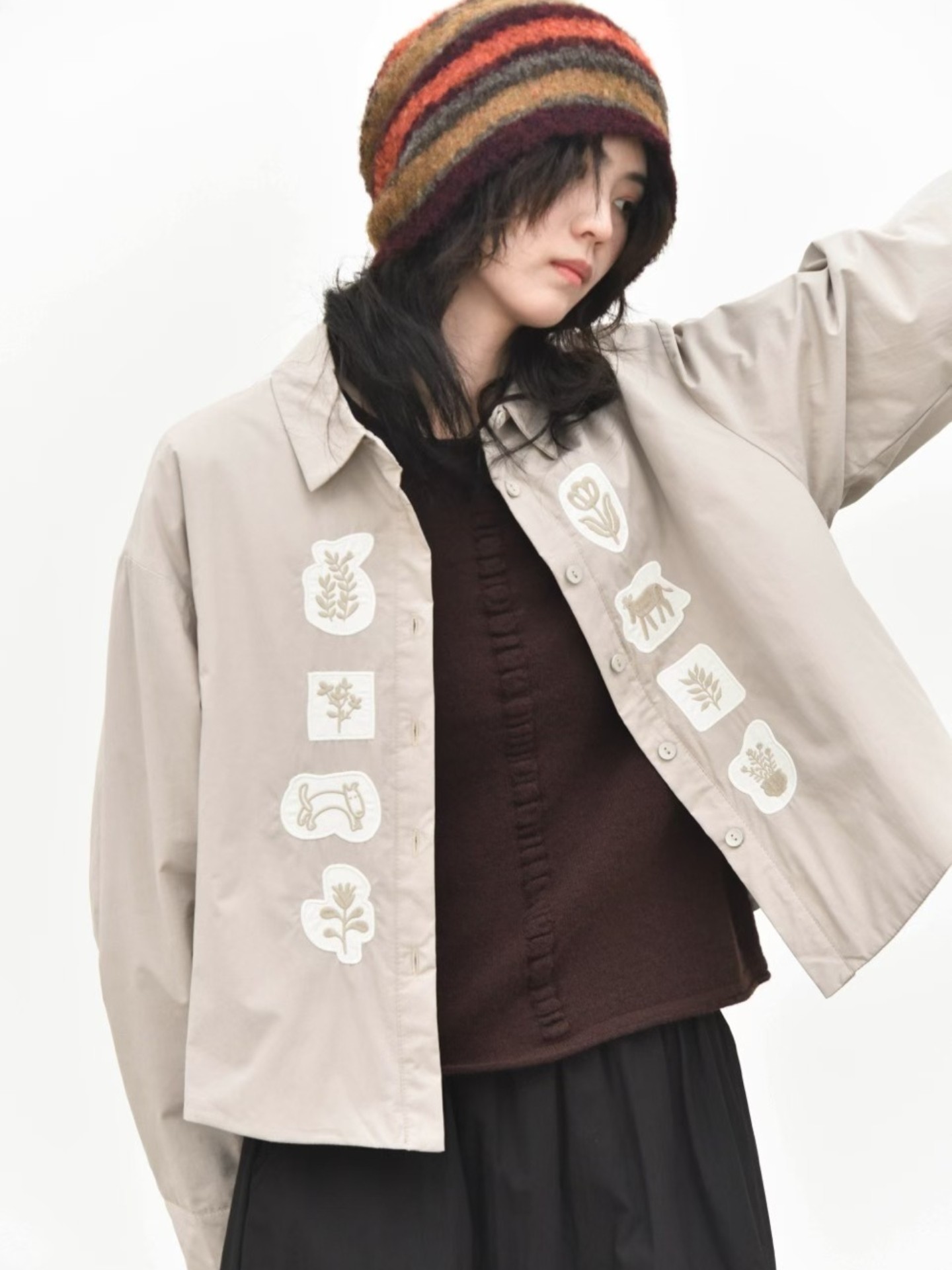 童颜阁秋冬上新个性植物贴布夹棉衬衫复古外套宽松女装休闲上衣