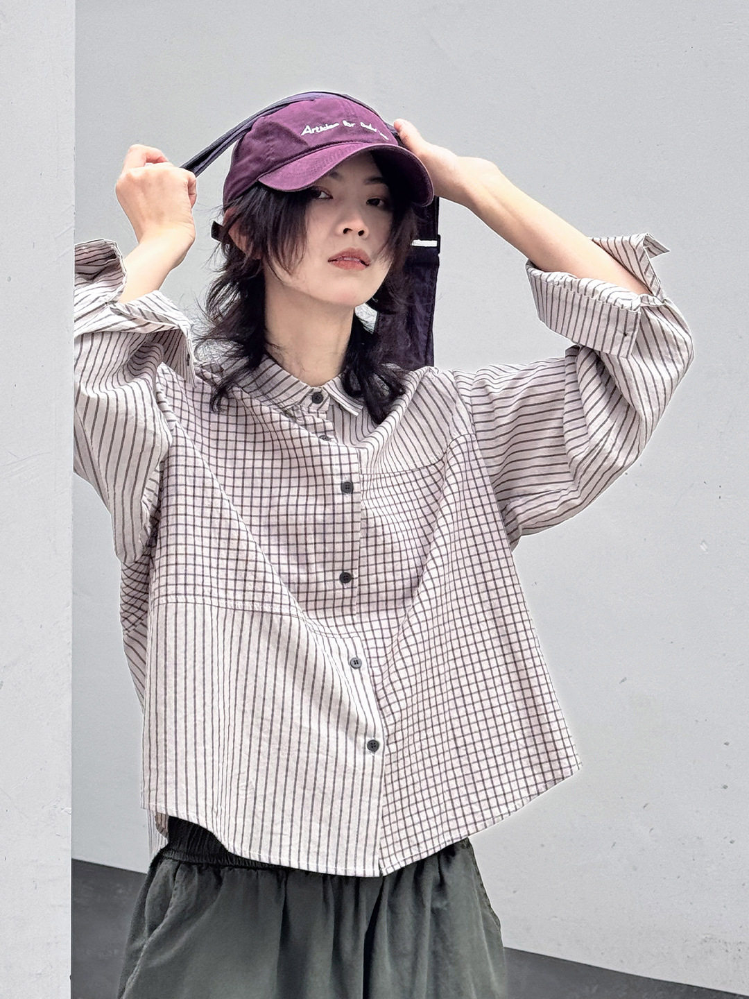 童颜阁春夏个性工装拼接格纹衬衫个性慵懒小众上衣女宽松显瘦女装