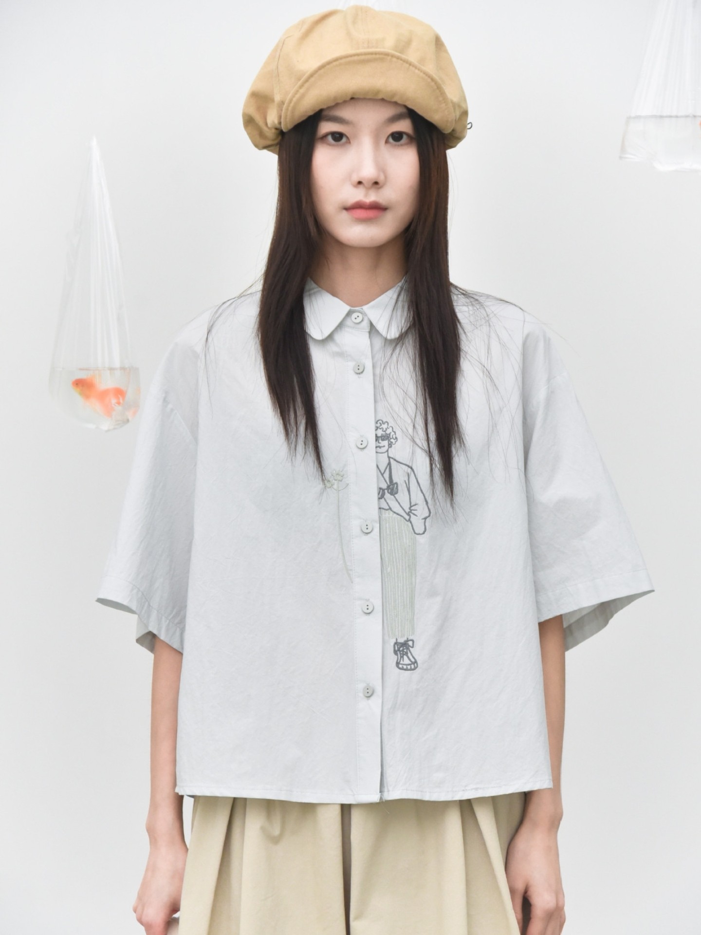 日系手绘短袖衬衫宽松显瘦上衣女