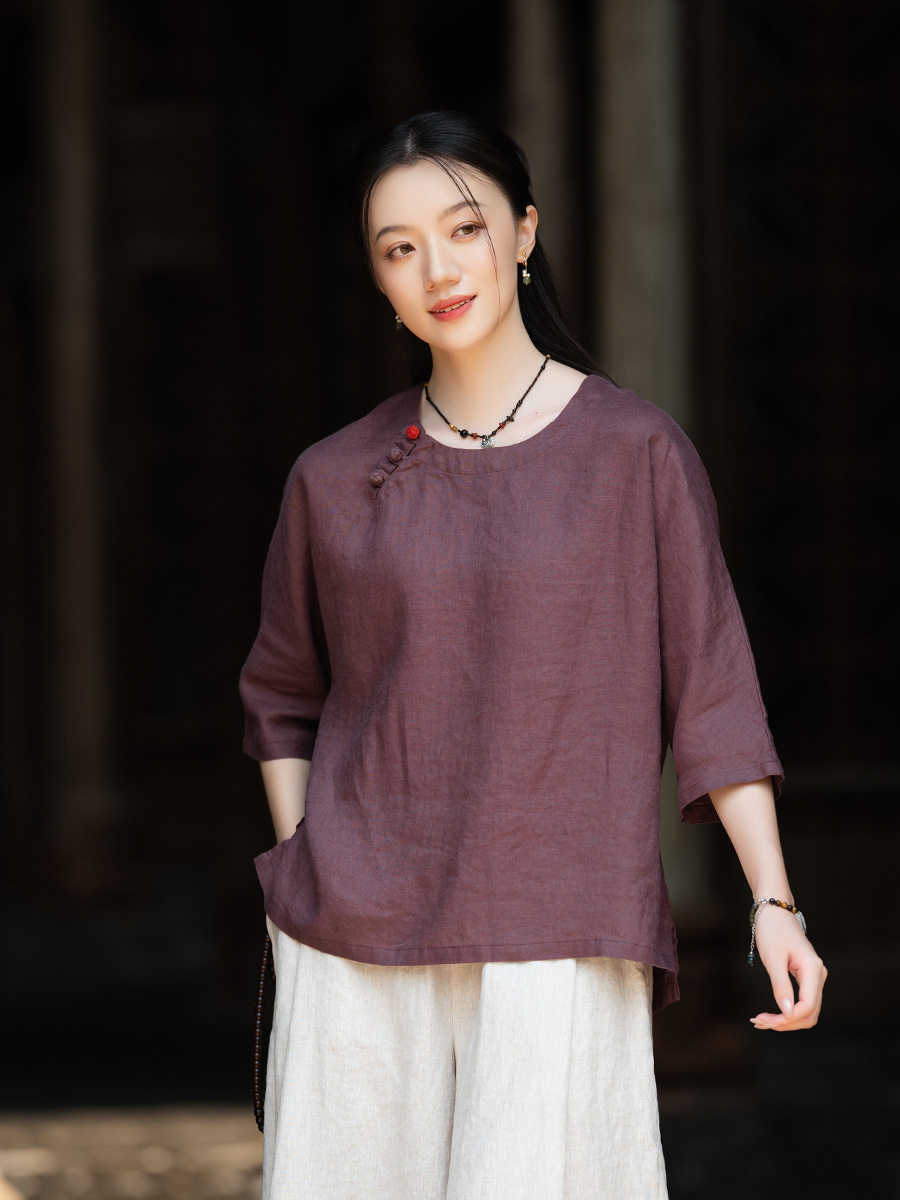 童颜阁夏款复古个性亚麻禅意佛系茶服衬衫国风圆领宽松上衣T恤女