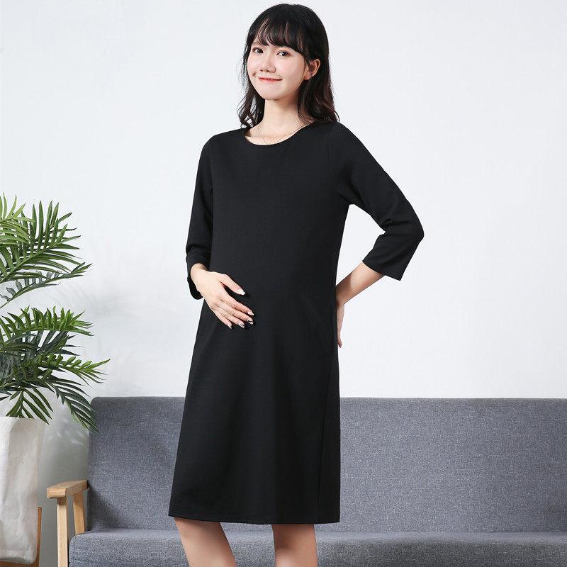 孕妇黑色工作服2024韩版新款潮妈春秋纯棉时尚长袖正装职业连衣裙