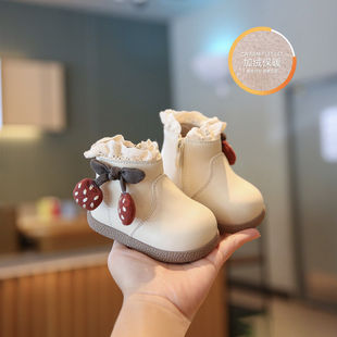 小步点宝宝靴子冬季新款儿童加绒棉靴女宝鞋子公主皮靴女童马丁靴