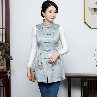 年轻款蓝色唐装女士秋冬装中式旗袍上衣背心马夹马甲中国风外套