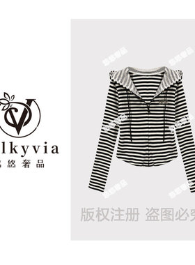 【Valkyvia/悠悠奢品】66281#蕾丝拼接条纹卫衣T恤2025百搭上衣