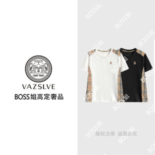 VAZSLVE T恤2025潮流个性 原创设计 格子拼接短袖 上衣 68055