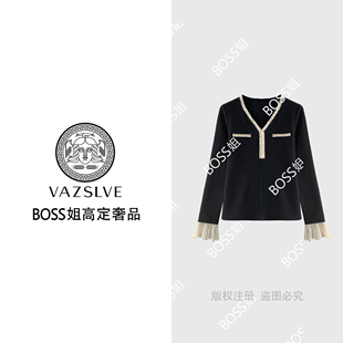 小香重工V领拼接长袖 68223 原创设计 T恤2025休闲上衣 VAZSLVE