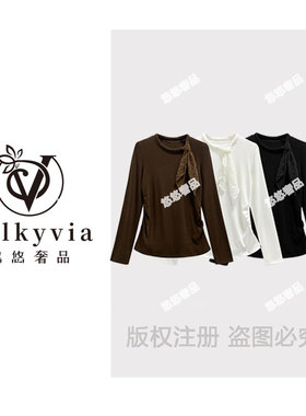 【Valkyvia/悠悠奢品】68528#植绒飘带T恤2025秋百搭个性潮流上衣