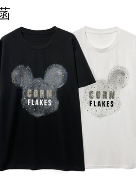 63363#琴菡潮流重工烫钻短袖T恤2024夏季宽松ins设计师小熊上衣韩