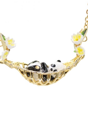 18K镀金高档彩绘珐琅可爱大熊猫金色摇篮创意吊坠项链锁骨链饰品