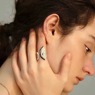 欧美复古黑玛瑙水波纹戒指时尚小众轻奢气质新中式冷淡风开口戒指