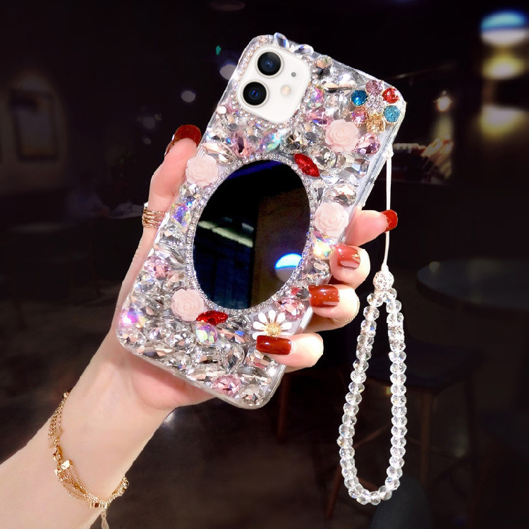 苹果17奢华满钻手机壳iphone16ProMax网红抖音补妆镜子14plus高档水晶13mini日韩8保护套XR全包7