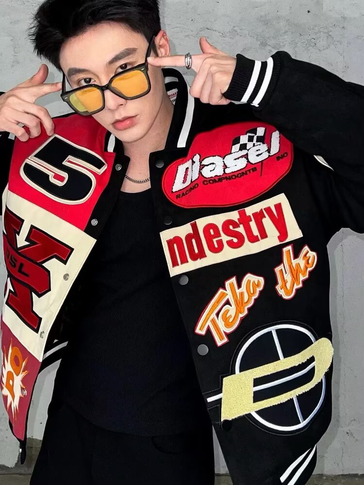 美式复古刺绣棒球服外套男女春秋款宽松oversize情侣机车骑行夹克