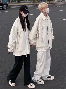 美式复古男女夹克环扣拼接PU皮衣翻领外套春秋新款机车服百搭外套