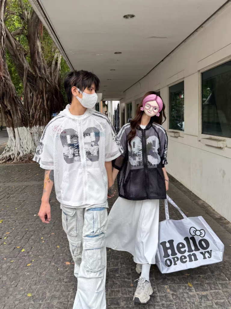 美式网眼字母印花连帽短袖t恤男女夏季镂空短款球衣宽松罩衫外套
