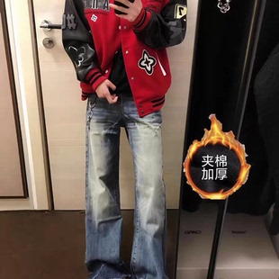 秋冬美式复古字母刺绣男女夹克夹棉棒球服情侣红色潮牌设计感外套