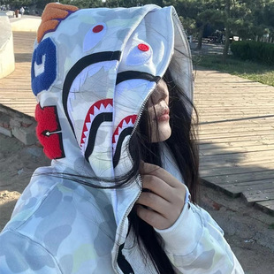 日系潮牌鲨鱼卫衣情侣迷彩双帽夜光斑点街头休闲男女百搭开衫外套