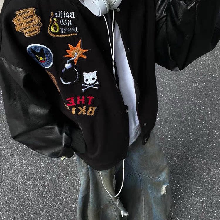 美式复古涂鸦卡通刺绣皮袖棒球服外套男女春秋国潮牌宽松情侣夹克