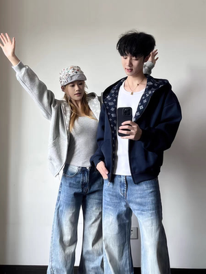 美式复古印花连帽情侣开衫外套