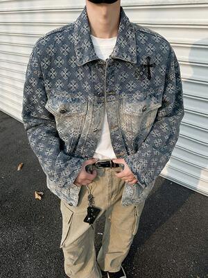 美式复古做旧提花扎染牛仔外套