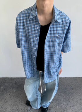 美式潮牌宽松复古蓝色格子衬衫短袖男女夏季休闲百搭情侣衬衣外套