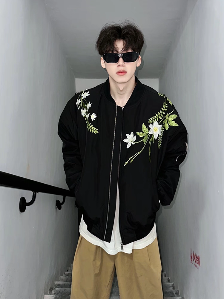 冬季美式植物花卉刺绣棉衣男女夹克棒球服飞行员加厚潮流小众外套