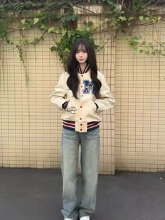 美式原创复古字母刺绣男女夹克情侣棒球服拼接vibe夹棉高街外套潮