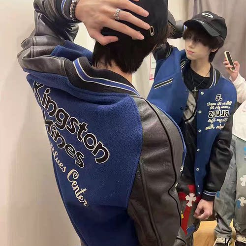 美式蓝调拼接撞色棒球服夹克情侣