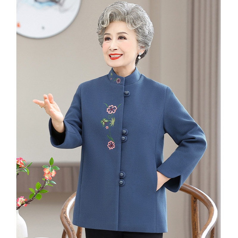 【清仓】老年人秋装女奶奶绣花毛呢外套中老年妈妈春秋洋气呢子