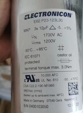 ELECTRONICON 电容器 E62.P23-123L30  1700vac3*12uf