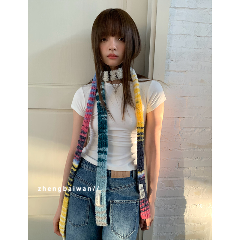 个性小彩虹细窄长条小众围巾