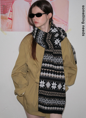 郑佰万 重工提花费尔岛加厚保暖围巾复古氛围针织围脖宽版防寒冬