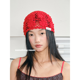 薄款 时髦钩花镂空包头帽女夏季 街头针织帽出片氛围感 韩版 郑佰万